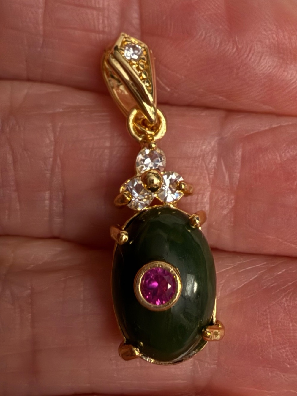 Indian Gold-Tone Green Stone Pendant Pink Rhinestones Crystal Accents 🌸New